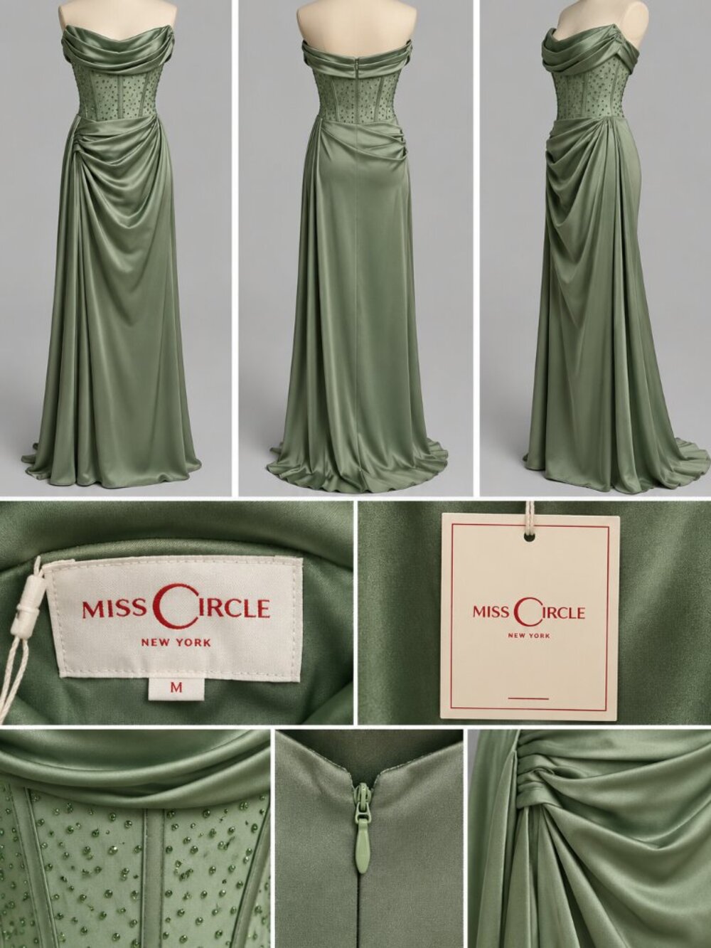 Miss Circle Holly Basil Crystallized Corset High Slit Satin Gown – Size M – NWT